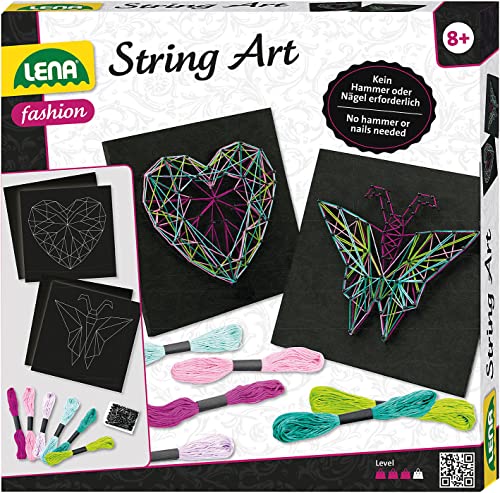 Lena 42650 - Bastelset String Art Schmetterling und Herz, Komplettset für 2 Fadenbilder, mit 2 Grundplatten, ca. 21, 5 x 21, 5 x 1 cm, Stecknadeln und 6 farbige Garnen, Set für Kinder ab 8 Jahre von Lena