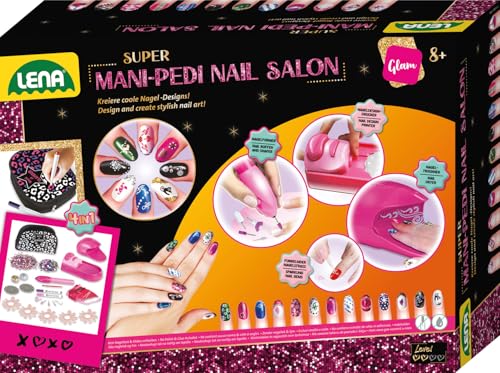 Lena 42654 Mani-Pedi Nail Salon Nagelstudio Kinder Kreativset für Mädchen ab 8 Jahren - Nagelset für stylische Nail Art inkl. Nagelformer, Nagel-Design-Drucker, Strass & Nageltrockner von Lena