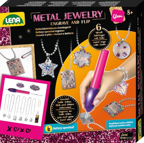 Lena 42655 Metal Jewelery Schmuck-Bastelset ab 8 Jahren - Halskette basteln ganz einfach, Kreatives Bastelset für Mädchen mit Gravurgerät, Anhänger & Deko-Strasssteinen Lena 42655 Metal Jewelery Schmuck-Bastelset ab 8 Jahren - Halskette basteln ganz einfach, Kreatives Bastelset für Mädchen mit Gravurgerät, Anhänger & Deko-Strasssteinen von Lena