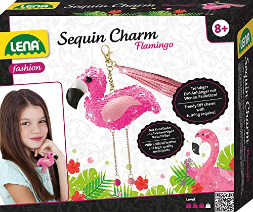 Lena 42659 Bastelset Sequin Charm Flamingo, Komplettset für 1 Pailletten Glücksbringer/Schlüsselanhänger mit Kunstleder Bändchen, Perlen, Nadel, Füll Wolle und Anleitung, Set für Kinder ab 8 Jahre von Lena