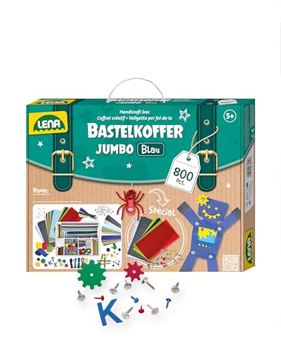 Lena 42665 Bastelkoffer mit 800 Teile Farben, Material zum Basteln, mit Moosgummi, Buntpapier, Pompon, Bänder, Kulleraugen, Holzstiele und vielem mehr, ab 5 Jahre, Jumbo Kräftig von Lena