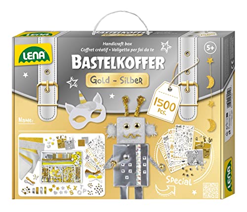 Lena 42666 - Premium Bastelkoffer Gold und Silber mit 1500 Teile, Bastelmaterial mit Glitzer-Moosgummi, Metallic-Papier, Perlen, Edelsteine, Blattgold, Pompon und mehr, für Kinder ab 5 Jahre, Mittel von Lena