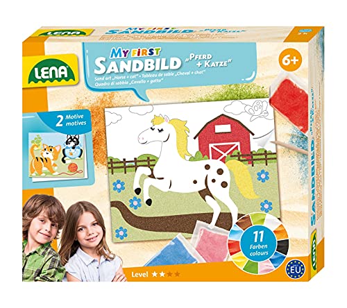 Lena 42670 Bastelset Mein erstes Tiere, Komplettset mit 2 Motiven für Sandmalerei ca. 18 x 14,5 cm, 11 Farben zum Sandmalen, Sandbilder Set mit Pferd & Katzen für Kinder ab 6 Jahre, Mehrfarbig, Mittel von Lena