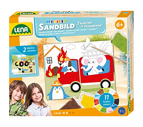 Lena 42671 - Bastelset Mein erstes Sandbild Fahrzeuge, mit 2 Motiven für Sandmalerei ca. 18 x 14,5 cm, 11 Farben zum Sandmalen, Sandbilder Set mit Feuerwehr & Traktor für Kinder ab 6 Jahre Mehrfarbig von Lena