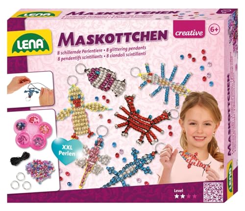 Lena 42690 Bastelset für 8 Maskottchen, Komplettset für 8 Glücksbringer/Schlüsselanhänger mit 740 metallic XXL Fädelperlen, schwarzem Kordelband, 8 Ringe und Anleitung, Set für Kinder ab 6 Jahre, bunt von Lena