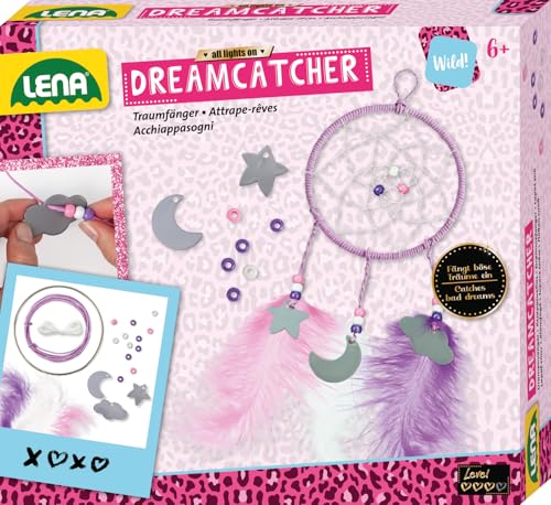 Lena 42699 - Bastelset Dreamcatcher, Komplettset zum Traumfänger basteln mit Metallring, farbiger Papier - Kordel, Leim, Faden, Federn und Anhänger Wolke, Mond und Stern, Set für Kinder ab 6 Jahre von Lena