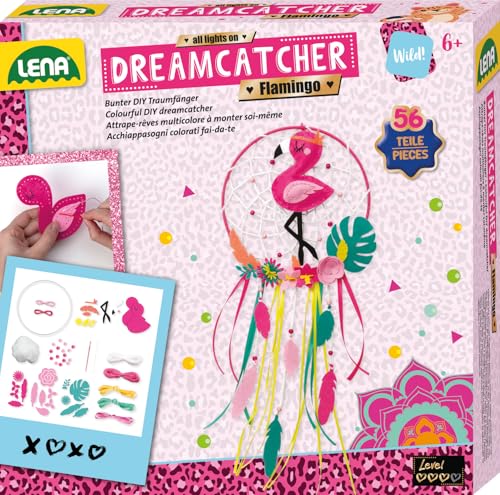 Lena 42700 Bastelset Dreamcatcher Flamingo, 56 Teile Komplettset zum Traumfänger basteln mit Ring, farbige Bänder & Schnüre, Kunststoff Nadel, Perlen und Stoff Blumen, Set für Kinder ab 6 Jahre, Pink von Lena