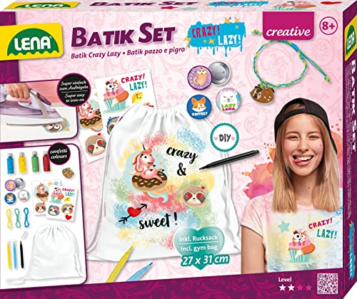 Lena 42706 Bastelset Batik Crazy & Lazy, DIY Rucksack, Komplettset mit Leinenrucksack 27 x 31 cm, 4 Konfetti-Batikfarben, 3 Textilstifte, Bügelfolien, Button Pins und Armband für Kinder, Mittel Lena 42706 Bastelset Batik Crazy & Lazy, DIY Rucksack, Komplettset mit Leinenrucksack 27 x 31 cm, 4 Konfetti-Batikfarben, 3 Textilstifte, Bügelfolien, Button Pins und Armband für Kinder, Mittel von Lena