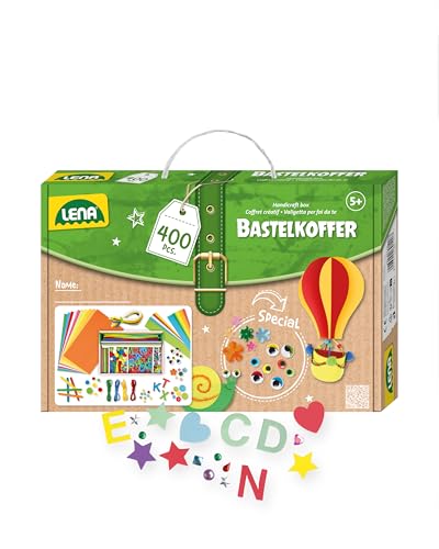 Lena 42713 Bastelkoffer Teile, Material zum Basteln Papier, Moosgummi, Pfeifenreiniger, Wackelaugen, Pompons, Eisstiele, Knöpfe und mehr, für Kinder ab 5 Jahre, 400er Bunt von Lena