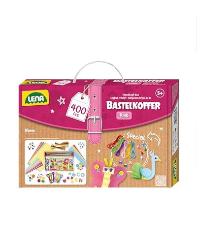 Lena 42714 Bastelkoffer Teile, Material zum Basteln mit Buntem Papier, Moosgummi, Pfeifenreiniger, Strasssteine, Wackelaugen, Pompons, Knöpfe und mehr, für Kinder ab 5 Jahre, 400er Pink & Lila von Lena