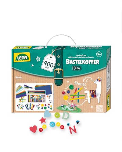 Lena 42715 Bastelkoffer Teile, Material zum Basteln mit Buntem Papier, Moosgummi, Pfeifenreiniger, Wackelaugen, Pompons, Eisstiele und mehr, für Kinder ab 5 Jahre, 400er Blau & Grün von Lena