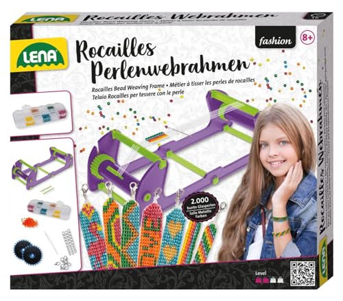 LENA 42722 Rocailles Perlenwebrahmen, Bastelset für Kinder ab 8 Jahren, Webrahmen zum Fertigen von Perlenarmbändern, Komplettset mit Garn, Perlennadel, Verschlüssen und Perlen aus Kunststoff von Lena