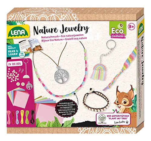 Lena 42834 Eco Bastelset Natur-Juwelen, Schmuckbastel Set mit 2 Armbändern mit Perlen, 2 Ketten mit Anhänger und 3 Schlüsselanhänger, Begleitheft Plant My Tree, Papierbasteln für Kinder ab 8 Jahren von Lena