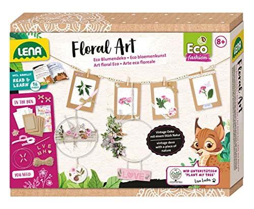 Lena 42835 Eco Bastelset Blumendeko, Vintage Set Floral Art mit 2 Traumfängern Ø 18cm, 4 Klappkarten 10,5 x 15 cm für Trockenblumen, Verzierung und Begleitheft Plant My Tree, für Kinder ab 8 Jahren von Lena