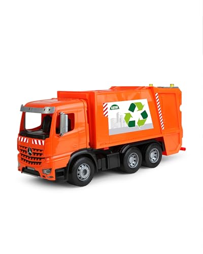 Lena 4614 Worxx Müllauto Mercedes Benz Arocs, Spielauto ca. 53 cm, Nutzfahrzeug für Kinder ab 3 Jahre, robuster Müllwagen mit 2 Mülltonnen und realitischen Spielfunktionen, orange von Lena