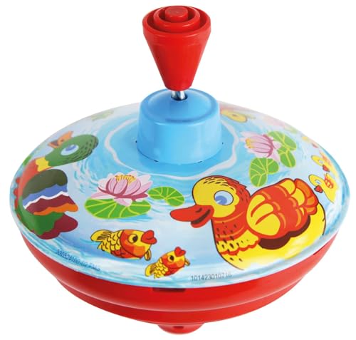 Lena 52410 Brummkreisel Enten Ø 14 cm, Metall Schwungkreisel aus Blech, klassischer Pumpkreisel, Blechkreisel mit Tier Motiv, Kreisel mit Standspitze, Spielzeugkreisel für Kinder ab 18 Monate Bunt von Lena