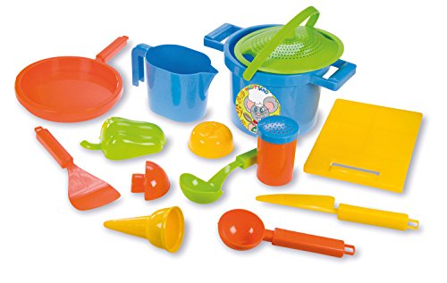 Lena 05410 Happy Sand Spielset Kochen 14 teilig Sand und Wasser Spielzeug Set mit Topf, Sieb, 3 Förmchen, Brett, Pfanne, Eislöffel, Eistüte und weitere Küchenzubehör Teile, 116 von Lena