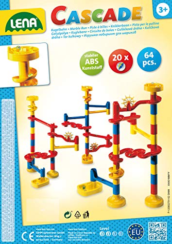 Lena 65279 - Cascade Kugelbahn KiGa mit 62 Bahnelementen und 20 Glasmurmeln im braunen Versandkarton von SIMM Spielwaren