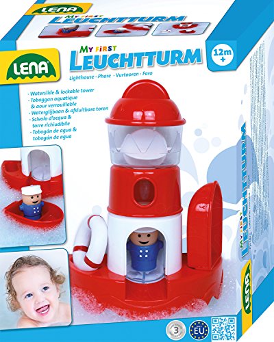 Lena 65472 - Wasserspaß Leuchtturm, Badespielzeug aus Kunststoff, Spielset mit Leuchtturm, Spielfigur, Rettungsring und Boot, Wasserspielzeug Set für Kleinkinder ab 1 Jahr, Badewannenspielzeug von Lena