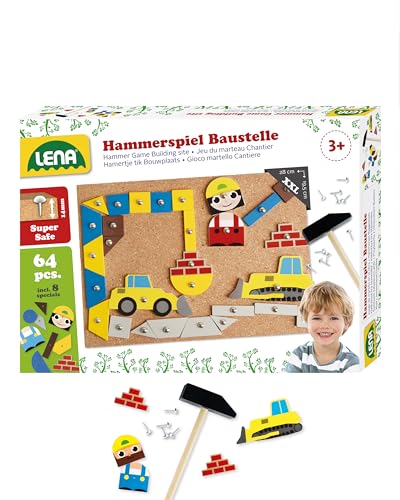 Lena 65828 Hammerspiel, Nagelspiel mit 64 bunten 8 Baustellen Teilen, Grundplatte aus Kork ca. 28 x 19,5 cm, Hammer und Nägel, Klopfspiel für Kinder ab 3 Jahre, Hämmerchenspiel, Mehrfarbig von Lena