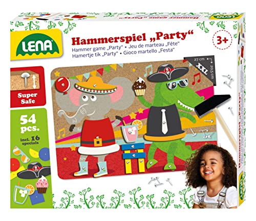 Lena 65835 - Hammerspiel Party, Nagelspiel mit 38 farbigen Teilen & 16 Sonderteile, XXL Grundplatte aus Kork ca. 28 x 19,5 cm, Hammer und Nägel, Klopfspiel für Kinder ab 3 Jahre, Hämmerchenspiel von Lena