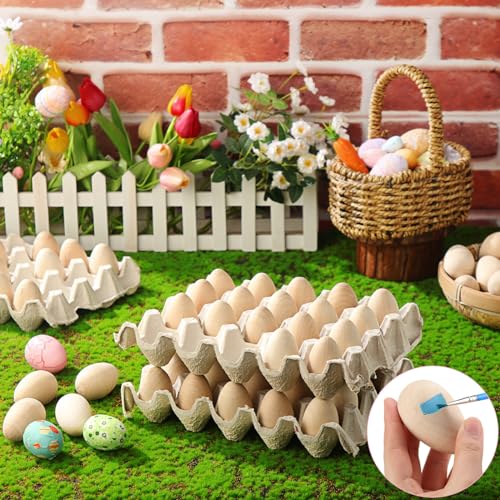 Lenwen 100 Stück Holzeier Bulk Holz Gefälschte Ostereier DIY Handbemalte Eier Küche Spiel Lebensmittel Spielzeug für Ostern Küche Heimdekoration (Holzfarbe) von Lenwen
