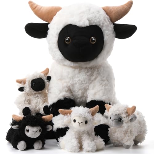 Lenwen Walliser Schwarznasenschaf Stofftier-Set, 35,6 cm, Mama, Schaf, Plüsch mit 4 kuscheligen Lämmern, in Reißverschlusstasche, weiches Schaf, Plüschtier für Bauernhof, Geburtstag, Babyparty, Party Lenwen Walliser Schwarznasenschaf Stofftier-Set, 35,6 cm, Mama, Schaf, Plüsch mit 4 kuscheligen Lämmern, in Reißverschlusstasche, weiches Schaf, Plüschtier für Bauernhof, Geburtstag, Babyparty, Party von Lenwen