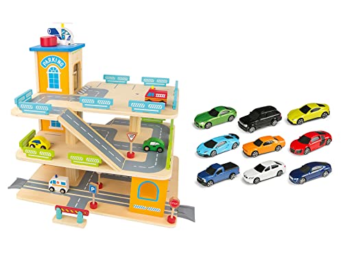 Leomark Große Parkgarage aus Holz - Stabil Parkhaus - Garage mit Zubehör, Spielgarage mit einem Lift, Hubschrauber, Holzgarage mit 9 Metallautos Natural von Leomark