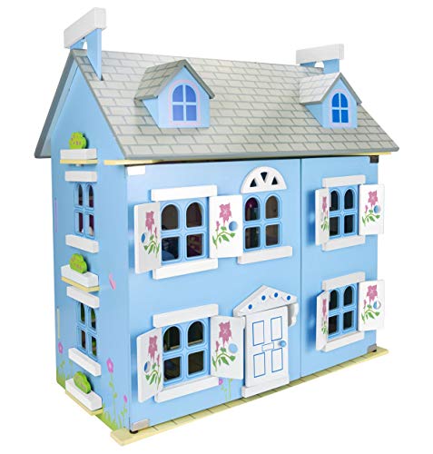 Leomark Alpine Villa Puppenhaus aus Holz mit Möbeln und Familie - Farbe blau - Familienhaus mit möbel mit zubehör, für Kinder, Höhe 60 cm von Leomark