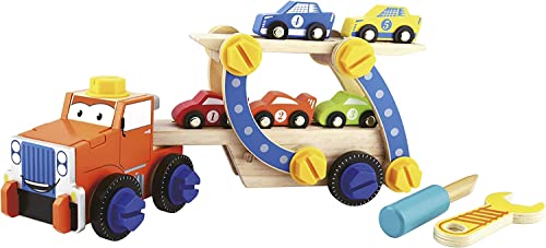 Leomark Holz Autotransporter mit 49 Zubehörteilen Abschleppwagen mit Anhänger & Spielautos für Kinder, Bausteine zum Schrauben inkl. Schraubendreher & Schraubenschlüssel, Laderampe beweglich von Leomark