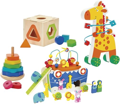 Leomark Holz Lernspielzeug Set ab 1 Jahr – Stapelturm, Steckwürfel, Giraffen Motorikspiel & Arche Noah mit Tieren – Montessori Spielzeug für Kleinkinder, pädagogisch & Mehrfarbig von Leomark