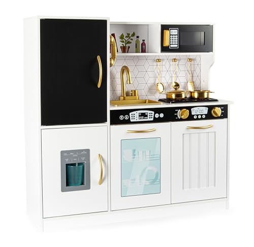Leomark Holzküche MEMO White für Kinder – Spielküche aus Holz mit Induktionskochfeld, Eiswürfelspender, LED-Lampe, goldenen Accessoires und Tafeltüren für kreative Spielmomente von Leomark