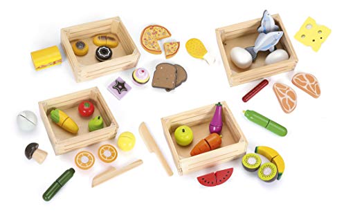 Leomark Holzspielset - 4 in 1 - Klett-Lebensmittelset für Kinder (Obst und Gemüse) Zubehör für Rollenspiele und Kinderküchen, 4 Kisten voll bunter Lebensmittel von Leomark