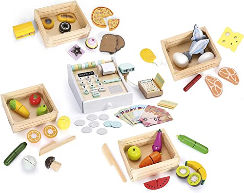 Leomark Holzspielset - 5 in 1 - EIN Set mit Lebensmitteln für Kinder mit Klett-Verbindung (Obst Gemüse), Kinderküche, Kaufladen + Holz Registrierkasse mit Zubehör von Leomark