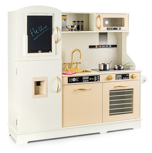 Leomark Kinderküche aus Holz Weiß-Gold – Spielküche mit Zubehör, Kreidetafel & magischem Tablet – Moderne Holzspielküche Note für Kinder ab 3 Jahren – Rollenspiel für Mädchen & Jungen von Leomark