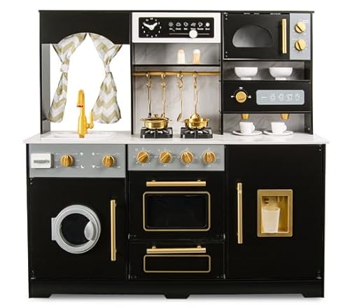 Leomark Kinderküche aus Holz für Kinder Royal Black Spielküche mit Wasserfunktion Kochfelder, Mikrowelle, Waschmaschine, Kaffeemaschine, Eiswürfelspender Holzküche mit Gold Zubehör von Leomark