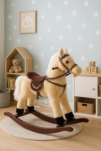 Leomark Plüsch-Schaukelpferd Beige Schaukelpferd mit braunem Sattel und Zaumzeug, Holz-Schaukeltier Babyschaukel mit Steigbügel Klassisches Spielzeug für Kinder von Leomark