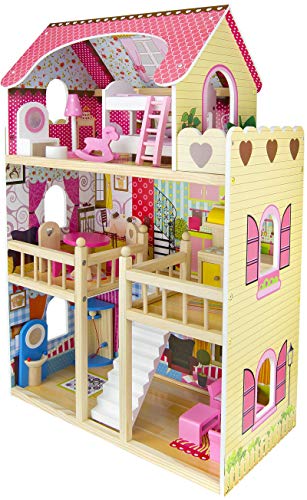 Leomark Traumvilla Holzpuppenhaus mit Möbeln - PINK Residenz - Puppenhaus mit Möbeln und Zubehör, für Mädchen und Jungen, Höhe: 90 cm, 3 Etagen von Leomark