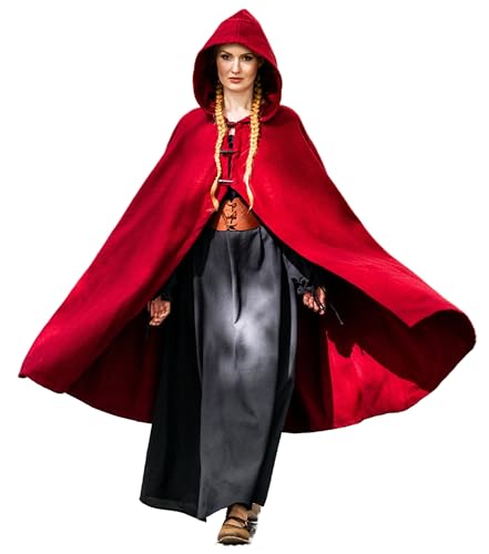 Leonardo Carbone® Mittelalter Umhang Marie Mit Langen Knöpfen - Kleidung Damen, Cape, Hobbit Kostüm, LARP-Kleidung, Wikinger, Cosplay, Halloween, Karneval Rot von Leonardo Carbone
