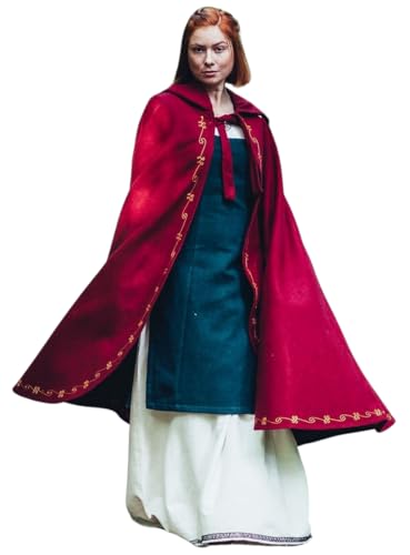 Leonardo Carbone® Mittelalter Wollumhang Ásidís Mit Handstickerei - Kleidung Damen, Cape, Hobbit Kostüm, LARP-Kleidung, Wikinger, Cosplay, Halloween, Karneval Rot von Leonardo Carbone