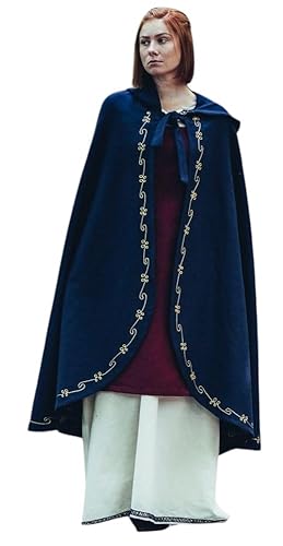 Leonardo Carbone® Mittelalter Wollumhang Ásidís Mit Handstickerei - Kleidung, Cape Damen, Hobbit Kostüm, LARP-Kleidung, Wikinger, Cosplay, Halloween, Karneval Blau von Leonardo Carbone