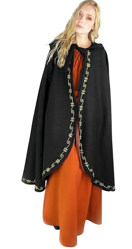 Leonardo Carbone® Mittelalter Wollumhang Ásidís Mit Handstickerei - Mittelalter Kleidung, Cape Damen, Hobbit Kostüm, LARP-Kleidung, Wikinger, Cosplay, Halloween, Karneval Schwarz von Leonardo Carbone