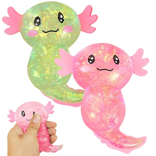 2 Stück Axolotl Spielzeug, Axolotl Squeeze Spielzeug, Süßes Cartoon-Glitzernder Squishy Toy, Squeeze Toys für Kinder und Erwachsene zum Stressabbau Entspannendes Sensorisches, für Partys, Geburtstage von Leonshco