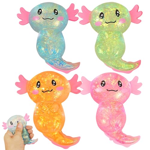 4 Stück Axolotl Spielzeug, Axolotl Squeeze Spielzeug, Süßes Cartoon-Glitzernder Squishy Toy, Squeeze Toys für Kinder und Erwachsene zum Stressabbau Entspannendes Sensorisches, für Partys, Geburtstage von Leonshco