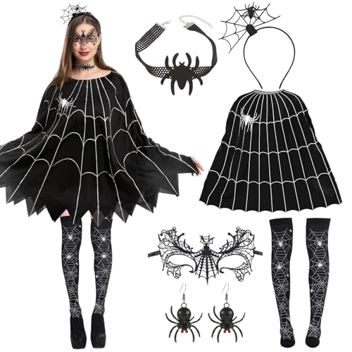 6 Stüc Halloween Kostüm Damen Fledermaus Set, Kostüm Halloween Damen mit Spinnenmaske, Haarreifen, Spinnennetz Poncho, Schmuck Accessoires - Kreieren Sie Einen Einzigartigen Karneval Party -Look 6 Stüc Halloween Kostüm Damen Fledermaus Set, Kostüm Halloween Damen mit Spinnenmaske, Haarreifen, Spinnennetz Poncho, Schmuck Accessoires - Kreieren Sie Einen Einzigartigen Karneval Party -Look von Leonshco