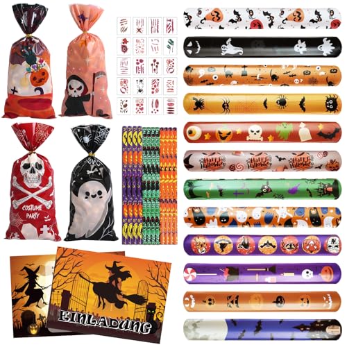 80 Stück Mitgebsel Kindergeburtstag: Halloween Party Deko Spielsetmit Schnapparmband, Party Einladungen, Stempel, Bleistift, Geschenktüte, Narbenaufkleber, Halloween Mitgebsel für Jungen und Mädchen von Leonshco
