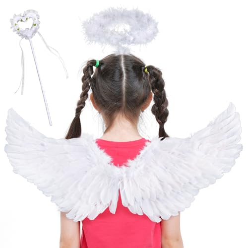 Engelsflügel, Engel Flügel 3-Teiliges Set mit Heiligenschein und Zauberstab, 60 X 35 cm Flügel Engel Kostüm, Federflügel Engel Deko für Karneval, Cosplays, Mottopartys, Maskeraden und Mehr (Weiß) von Leonshco