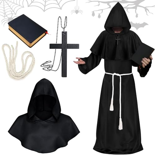 Halloween Kostüm Mönch Robe und Priester Kostüm Set, Mittelalterliche und Renaissance Mönch Kostüm mit Kapuze, Kreuz-Halskette, Sisal Seil und Schwarzes Buch für Halloween, Karneval, Cosplay (XL) Halloween Kostüm Mönch Robe und Priester Kostüm Set, Mittelalterliche und Renaissance Mönch Kostüm mit Kapuze, Kreuz-Halskette, Sisal Seil und Schwarzes Buch für Halloween, Karneval, Cosplay (XL) von Leonshco