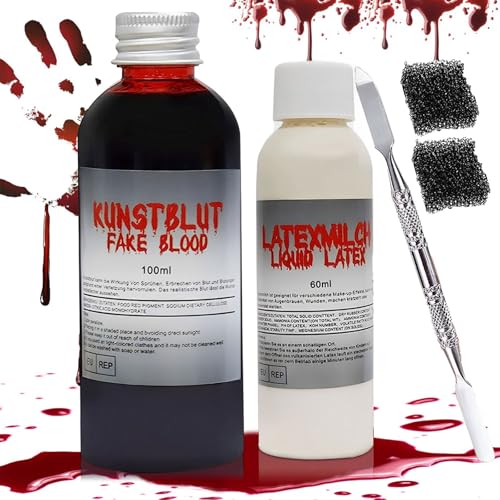 Halloween Kunstblut Set, Realistische 100ml Auswaschbares Fake Blood Halloween Schminke Fake Blut, 60ml Flüssiglatex mit Make-up-Schwamm und Spatel für Zombie, Vampir, Wundnarben, Cosplay & Fasching Halloween Kunstblut Set, Realistische 100ml Auswaschbares Fake Blood Halloween Schminke Fake Blut, 60ml Flüssiglatex mit Make-up-Schwamm und Spatel für Zombie, Vampir, Wundnarben, Cosplay & Fasching von Leonshco