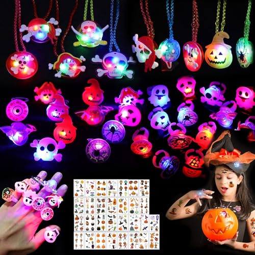 Halloween Party Mitgebsel, 48 Stück Halloween Mitgebsel Kinder Enthalten Leds (Ringe, Halsketten, Broschen), Aufkleber, Geeignet als Kinderpartygeschenke, Spielzeugpreise, Geschenktütenfüllungen von Leonshco